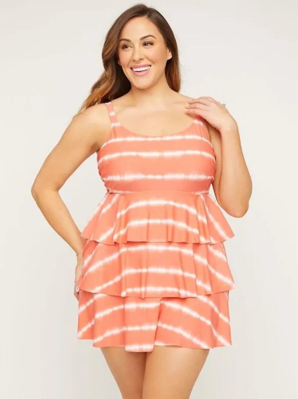 NWT Catherine's Tie Dye Tiered Swim Dress Coral Striped Plus Size 18W